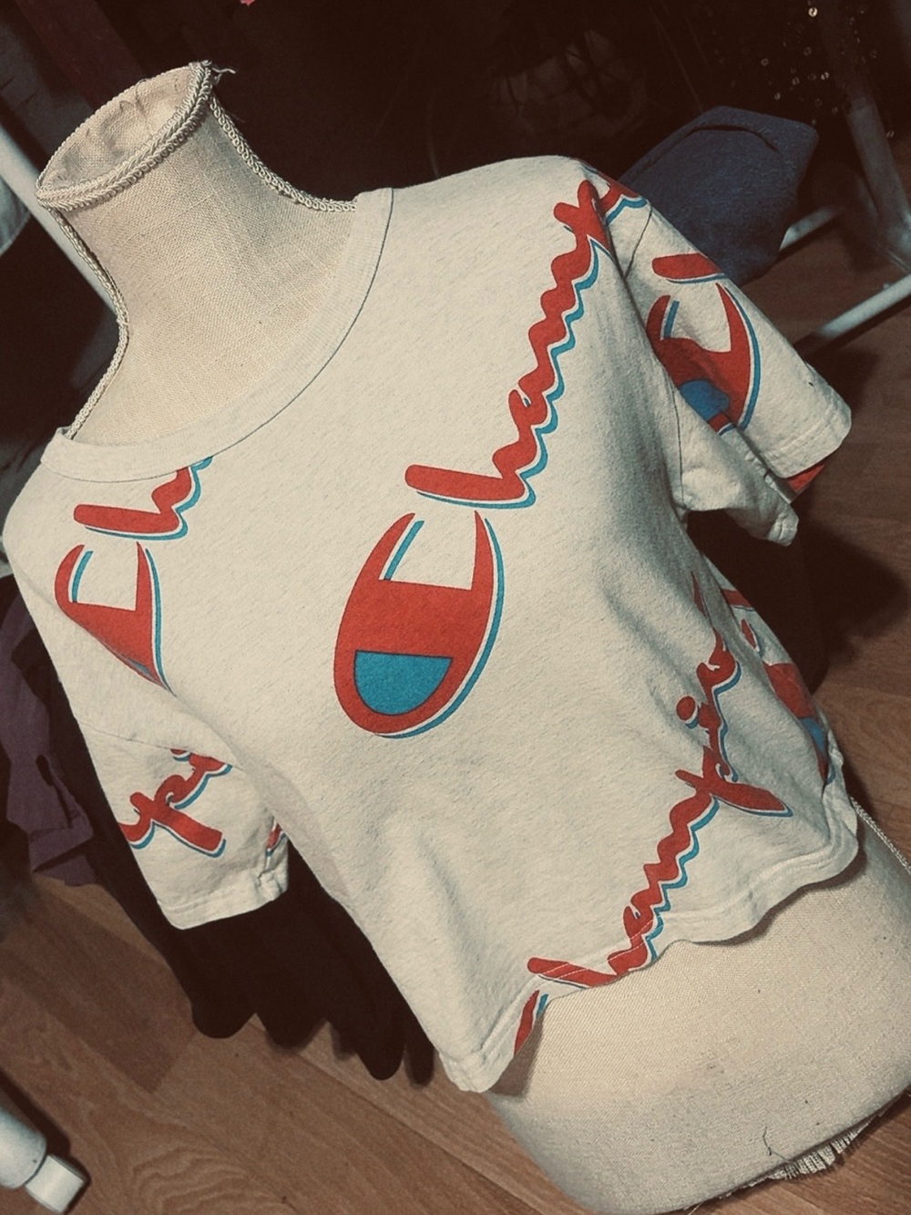 Champion Cream Crop Top with Red & Blue Logos